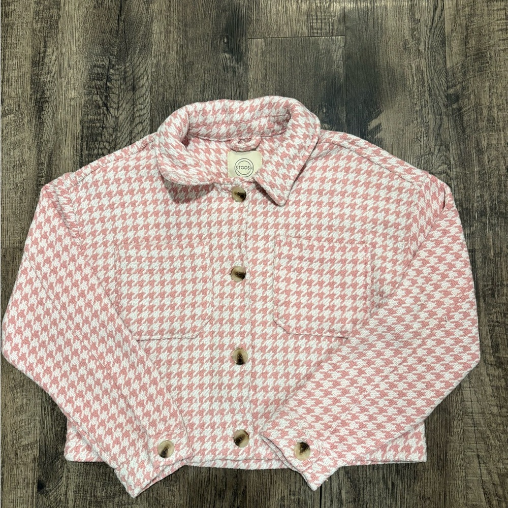 Stoosh Pink and White Houndstooth Cropped Jacket - Size Medium